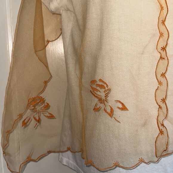 Vintage 60s long orange chiffon scarf with embossed floral design & hem - Picture 3 of 8